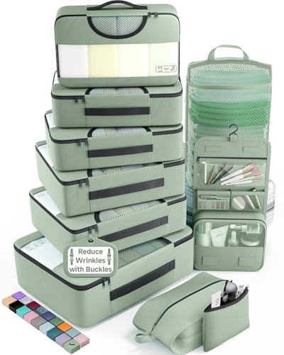 Veken 10 Set Packing Cubes for Travel Essentials,Anti-Wrinkle Buckled Suitcase Organizer for Shoe & Toiletry Bag,Carry On Luggage Bag with 99+ Count Mesh Holes for Airplane & College Dorm Accessories - color: 09 Matcha Green