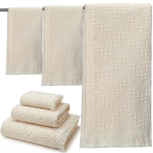 6 Pack Boho Bath Towels Set 100% Cotton Luxury Decorative Towels for Bathroom 2 Bath Cloth 2 Hand Cloth and 2 Wash Cloths Soft Absorbent Quickly Dry Durable Farmhouse Bathroom Decor Guest Gift