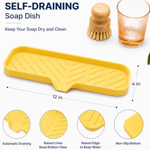 MicoYang Silicone Soap Dish with Drain Spout — Self-Draining Double Sink Organizer Tray for Kitchen & Bathroom, Dispensers, Sponges & Soap Holder, Non-Slip & Dishwasher Safe, Yellow (Large, 12"×4") - color: Yellow, size: L(12"×4")