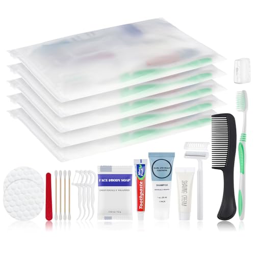 Travel Size Toiletries Kits Disposable Toiletry Set in Bulk, Portable Trial Size Personal Hygiene Care Package Supplies Amenities Essentials for Camping/ Hotel/Guest/Homeless/Charity 9-in-1 (5 Pack)