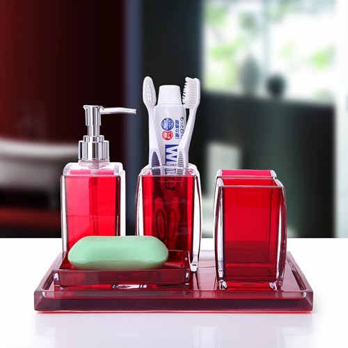 Bathroom Accessories Set,Soap Dispenser,Soap Dish,Toothbrush Holder, Tumbler, Acrylic Bathroom Accessories Set Complete, Modern Bathroom Décor, Gift for Home (RED-4PCS) - color: Red-4pcs