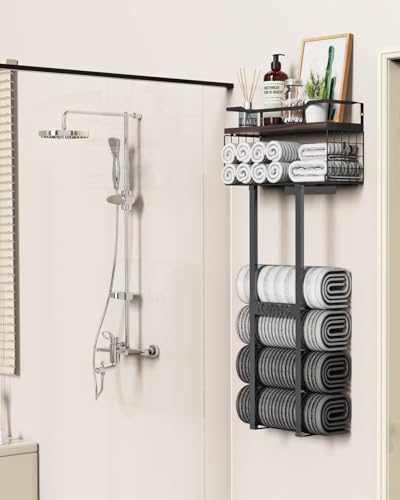 Large Towel Rack & Bathroom Towel Holder - Wall Mounted Metal Rack with Wooden Floating Shelf, Small Bathroom Towel Storage, Easy Holds 6 Large Rolled Towels, Black with Brown Plank - color: Black With Brown Plank
