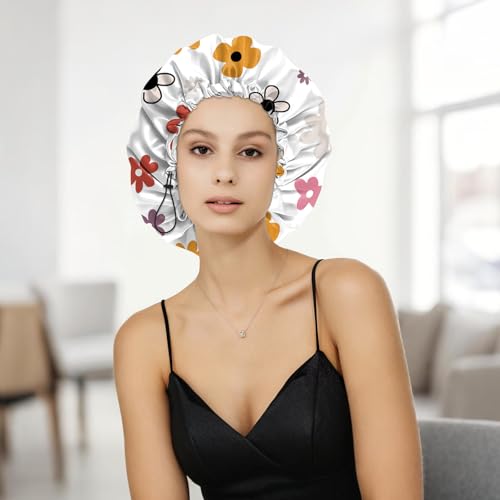 Shower Cap Adjustable Waterproof Double Layer Elastic Reusable Hair Bath Cap Cute Aesthetic for Women Girls-Floral Flower - color: R13-Floral Flower