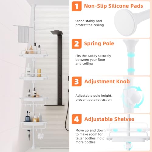 XLHOMO 32-122inch Corner Shower Caddy Tension Pole All White, Rustproof Drill-Free Shower Shelves for Bathroom Bathtub Washbasin, Adjustable Shower Organizer with 4 Tier Patent Shelves & Towel Bars - color: All White