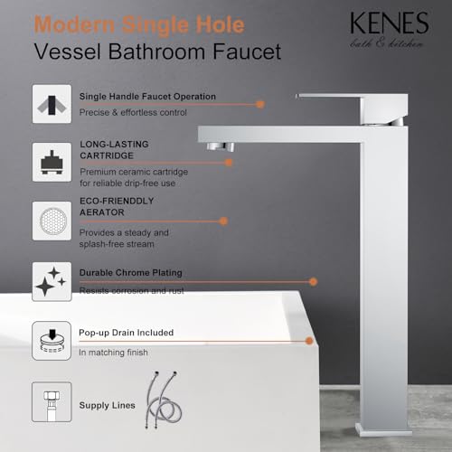 KENES Chrome Bowl Vessel Sink Facuet Single Handle Tall Bathroom Sink Faucet Bathroom Vanity Faucet Basin Mixer Tap with Water Supply Lines and Pop Up Sink Drain, LJ-9031A-5 - color: Chrome, size: Tall
