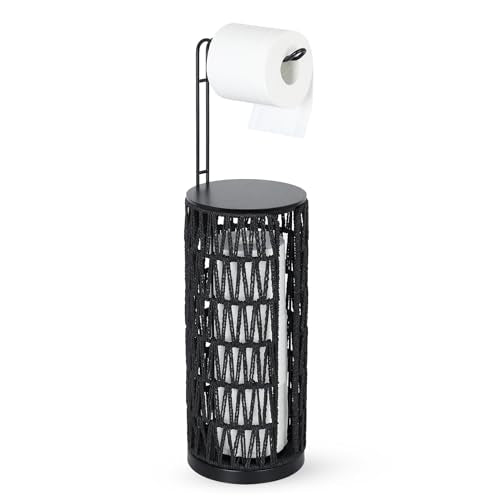 Black Freestanding Toilet Paper Holder with Storage,3 Rolls of Tissue Holder for Bathroom,Handmade Woven Toilet Paper Roll Holder Stand,Rattan Sturdy Boho Bathroom - color: Black