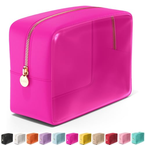 Embla Clear Cosmetic Bag Makeup Case, Clear Zipper Make Up Pouch and Toiletry Travel Tote, Cute Skincare Pouches for Women Girls, Preppy Purse Cosmetic Organizer, Large Makeup Bags, Fuchsia | Large Pink Clear Nylon/PVC Cosmetic Bag with Zipper, Waterproof