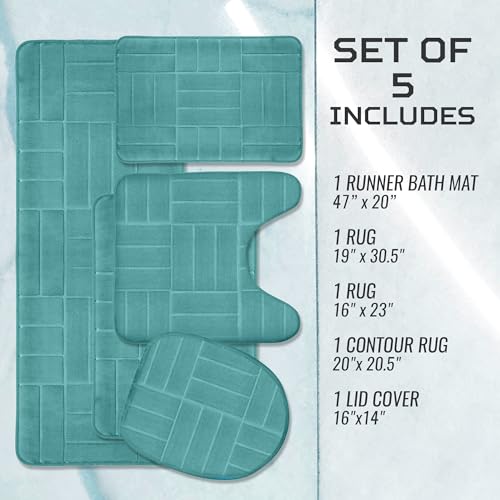 Bathroom Rug Set 5 Piece - Memory Foam Bathroom Mat Set, Soft and Comfortable, Non-Slip Thick Absorbent Bath Mats, Machine Washable, Aqua Teal - color: Aqua Teal/ Line Design