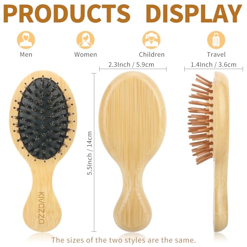 Mini Bamboo Hair Brush 2-Pack, Boar Bristle & Single Pins Massage Detangler, Small Travel Size for Thick/Curly Hair, Anti-Static Pocket Brush for Women Men Kids Gift