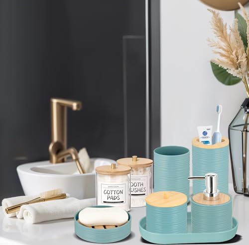 IMAVO Blue Bathroom Set,26Pcs Bathroom Accessories Set with PVC Shower Curtain,Rugs,Trash Can,Tray,Soap Dispenser,Soap Dish,Toothbrush Holder,Toothbrush Cup,Toilet Brush Holder and Qtip Holders - color: Blue, size: 26 PCS Bathroom Set+PVC Shower Curtain+R