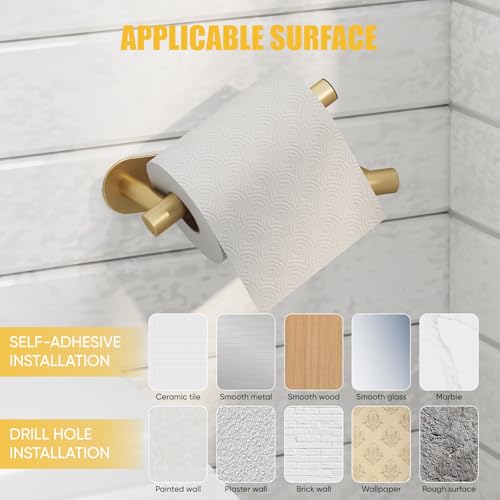 BESy Adhesive or Screw Toilet Paper Holder Wall Mount Rustproof Modern Roll Holder Flexible Pivoting Adjustable Tissue Handle with Self Adhesive or Mounted with Screws Stainless Steel Brushed Gold - color: Brushed Gold