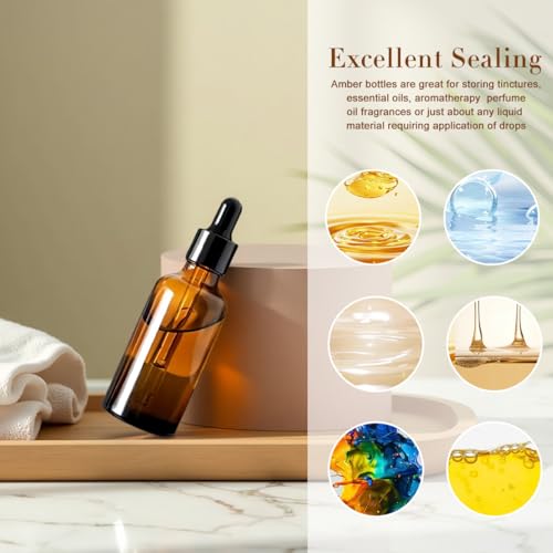 erioctry 5ML/10ML Amber Glass Essential Oil Bottles and Eyed Dropper Black Caps Makeup Cosmetic Sample Container Boxes of Glass for Essential Oil Aromatherapy Use(Pack of 12) (5ML) - size: 5ML