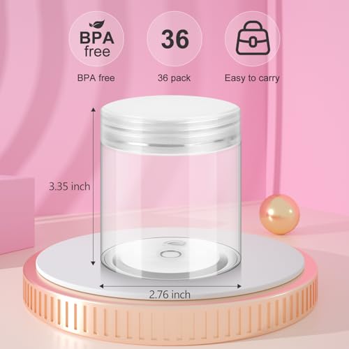 Loretoy 36 Pack 8 OZ Household Plastic Jars with Lids, BPA Free, Reusable, Refillable Transparent Cosmetic Containers for Bath Salts, Cosmetics, Powders, Beauty Product and Small Accessories, White - color: White, size: 8 Ounce