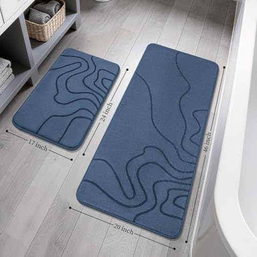 YIHOUSE Memory Foam Bathroom Rugs Sets 2 Piece - Extra Thick Ultra Soft Absorbent Bath Mat Set, Non-Slip Machine Washable Bath Rugs for Bathroom, Tub & Shower, Home Decor (17"x24"+20"x46", Dusty Blue) - color: Dusty Blue, size: 1'5" x 3'10" (17"x24"+20"x4