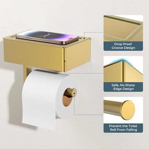 FORIOUS Toilet Paper Holder with Shelf, Sanitary Napkin Receptacle Tampon Holder, Wall Mount Toilet Paper Holder with Storage, Flushable Wipes Dispenser Fits for Bathroom Commercial(2, Brushed Gold) - color: Brushed Gold, size: 2 Pack-8" (L)