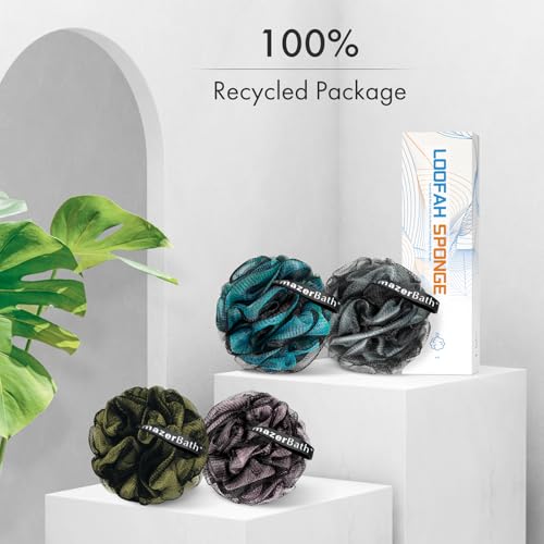 AmazerBath Charcoal Loofah Sponge, Shower Loofah 60g/PCS - Body Scrubber Loofa Set of 4 - Charcoal Blue, Gray, Pink & Army Green, Bath Sponge for Men and Women - style: Charcoal Blue, Gray, Pink & Army Green (60g)