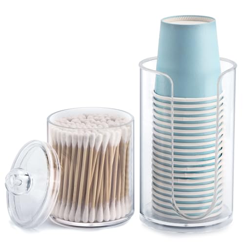 LoveBB 3oz-5oz Bathroom Cup Dispenser with 10oz Qtip Holder Dispenser, Small Disposable Paper Cup Holder Bathroom Accessories for Rinsing/Mouthwash Cups, Clear - color: 2 Holder Set-Clear