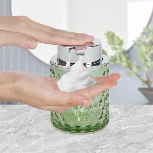 Bathroom Accessories Set, 3pcs Green Glass Bathroom Accessory Set,Toothbrush Holder, Foaming Soap Dispenser and Tumbler, Silver Bathroom Decor Sets for Organizer, Home Apartment Gift - color: Green and Silver
