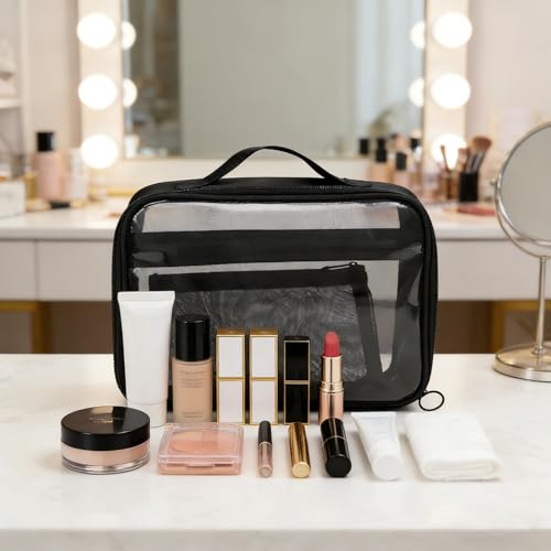 TSA Approved Toiletry Bag, Clear Makeup Bags with Multi Layer Mesh Pockets, Portable Large Capacity PVC Cosmetic Bags with Zipper for Travel Essentials - size: M