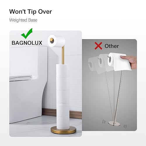 BAGNOLUX Bathroom Toilet Paper Holder Stand with Reserve, SUS304 Stainless Steel Rustproof Pedestal Tissue Roll Holder Heavy Duty (Brushed Brass) - color: Brushed Brass