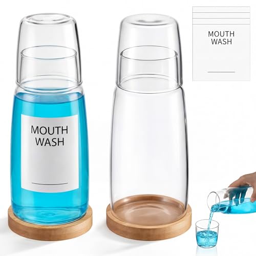 2 Set 25 oz Glass Mouthwash Dispenser with Wood Tray and Mouth Wash Labels, Mouth Wash Container Bottle with Lid Cup, Mouthwash Decanter for Bathroom Bedside Water Carafe for Nightstand