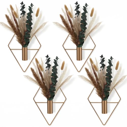 Jexine 4 Pcs Hanging Planters with Artificial Pampas Metal Hanging Vase Indoor Plants Holder Modern Geometric Boho Bathroom Wall Decor for Living Room Home Office, Antique Copper - color: Antique Copper, size: Pampas