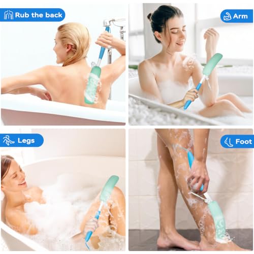 Back Scrubber for Shower，Mesh Sponge Body Shower Brush with Long Handle for Use in Shower Back Scrubber,Back Scrub for Exfoliating Body Scrubber or Shower Brush (Green and Green) - size: Green+Green Handle (YS0125)