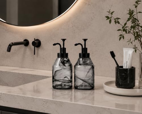 Bathroom Glass Soap Dispenser Set, 2 Pack 12.5 Oz Unique 3D Black Smog Thick Glass Hand Soap Bottle with Smooth Action Rust-Free ABS Pump, Kitchen Dish Soap Dispenser (Black) - color: Black-02