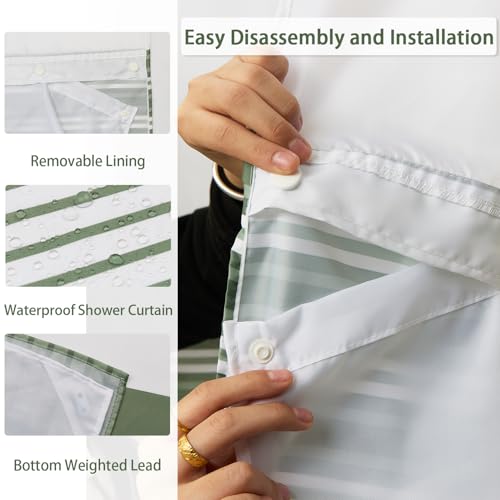 No Hook Striped Shower Curtain and Liner Set 71 x 74 Inch | Spring Sage Green and White Minimalist Striped, Waterproof Modern Bath Tub Curtain for Bathroom Decor, Breathable Mesh Top - color: Green