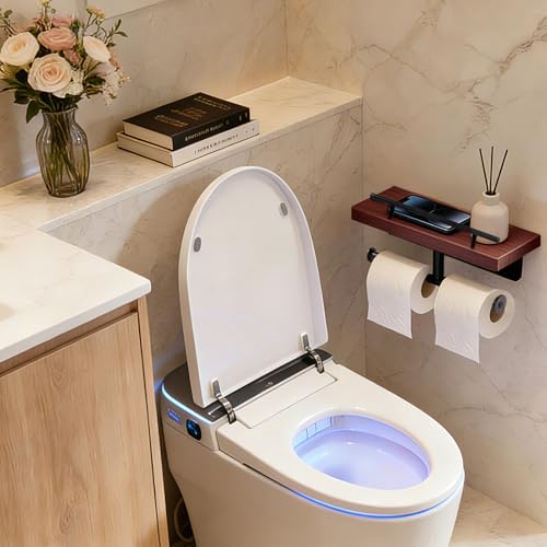 Toilet Paper Holder with Wood Shelf, Wall Mount Toilet Paper Roll Holder with Wooden Shelf and Matte Black Stainless Steel Pipe, Tissue Roll Holder for Bathroom Washroom (Dark Brown, 13.8'' x 5.9'') - color: Dark Brown, size: 13.8'' x 5.9''
