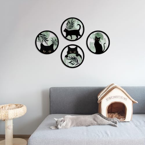 TOARTi 4PCS Boho Black Cat Wooden Wall Art,Sage Green Cats Round Wall Decor,Bohemian Green Plant Hanging Art,Minimalist Botanical Kitty Artwork for Farmhouse Bedroom Living Room Black Cats Room Decor - color: 4pcs Sage Black Cat Wall Art