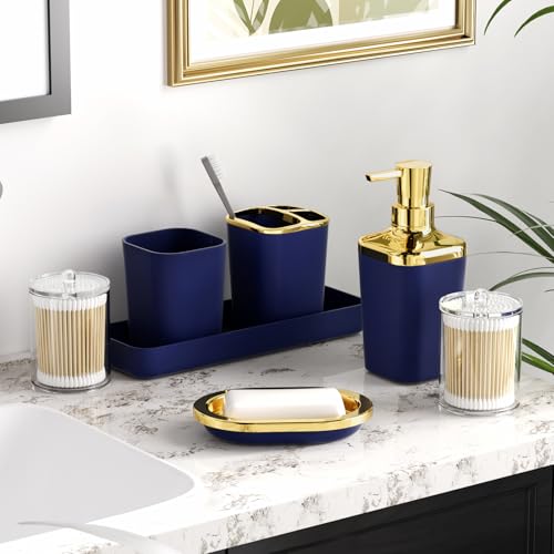 XLHOMO Bathroom Accessories Set - 25PC Bathroom Set with Shower Curtain and Rugs, Blue Bathroom Set, Bathroom Accessory Set with Press-on Lid Trash Can, Soap Dispenser and Qtip Holders - color: Blue & Gold, size: Plaid Complete Set + Bath Rugs