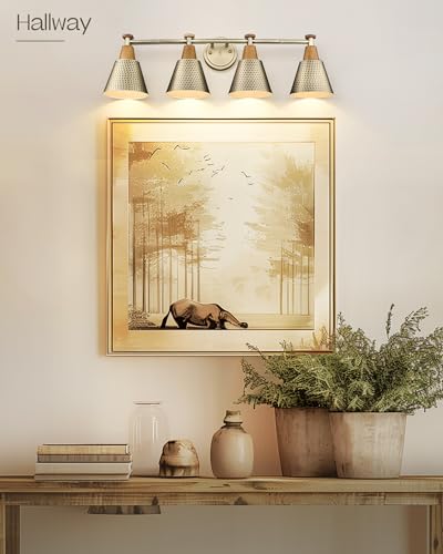 FEMILA Vanity Lights, 4-Lights Bathroom Light Fixtures Over Mirror, Antique Brass Wall Sconces Lamp with Hammered Metal Shade Finish, 4FG59B-4W BG - color: Gold, size: 30"