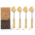 DEBETOOL Dish Brush with Built-in Scraper - 4 Pack Bamboo Dish Scrubber Brush with Handle, Kitchen Brushes for Dishes & Pots, Sink, Eco Cleaning Tool Set
