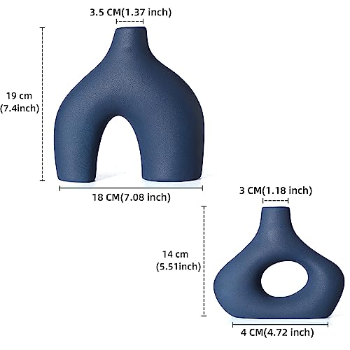 CEMABT Blue Ceramic Vase Set of 2 for Modern Minimalist Bohemian Decor，Round Matte Donut Vases for Pampas Grass-Perfect for Living Room, Dining Table, Office Bedroom Shelf Decor Entryway, Console - color: Blue