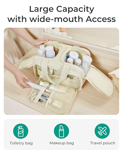 BAGSMART Travel Toiletry Bag, Crush Toiletry Bag for Women, Wide-open Puffy Toiletry Bags for Traveling, Large Travel Cosmetic Makeup Bag Organizer for Accessories,Toiletrie, Beige - color: d-Beige