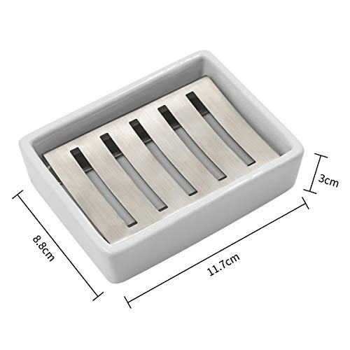 TOPSKY Ceramic Soap Dish Holder Stainless Steel for Bathroom, Double Layer, Self-draining Soap Tray, Say No to Mushy Soap, Easy Cleaning. (White)