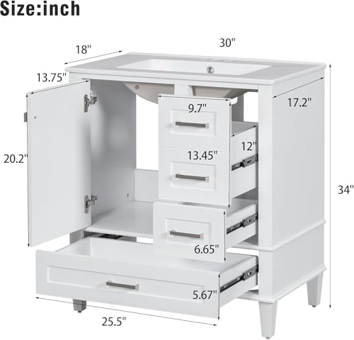 Linique 30" Bathroom Vanity with Sink Combo Set, Solid Wood Frame Bathroom Storage Cabinet with a Soft Closing Door and 3 Drawers, White - color: White, size: 30"/ Door without Organizer