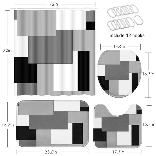 Grey Geometric Shower Curtain Set with Toilet Lid Cover and Non-Slip Rugs for Bathroom, Black White Checkered 4 Pcs Shower Curtain, Modern Abstract Bathroom Set with 12 Hooks - color: Abstract Geometric Grey