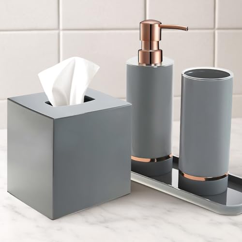 Decozen Bathroom Accessories - 4Pcs Bath Accessories for Home Decor Soap Dispenser, Lotion Dispenser, Tissue Box & Tray for Bath Decor Countertop Organizer - Christmas Decorations, Housewarming Gift - color: Grey
