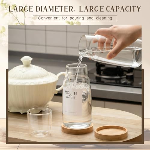 2 Set 25 oz Glass Mouthwash Dispenser with Wood Tray and Mouth Wash Labels, Mouth Wash Container Bottle with Lid Cup, Mouthwash Decanter for Bathroom Bedside Water Carafe for Nightstand