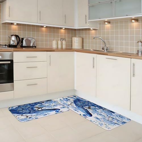 Retro Blue Peacock Flowers Kitchen Rugs Mats Set of 2 Pcs Non-Slip Floor Mats Washable Runner Rugs Set for Bathroom Laundry Hallway Kichen Comfort Standing Mat - color: Retro Blue Peacock Flowers