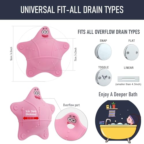 HengLiSam Bathtub Overflow Drain Cover, Starfish-Shaped Silicone Bath Tub Drain Plug with 5 Suction Cups, Adds 3-4 Inches of Water Depth, Pink - color: Pink
