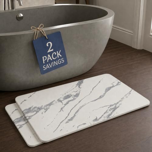 Stone Bath Mat – Diatomaceous Earth Quick Drying Non-Slip Bathroom Mat – Absorbent Diatomite Shower Mat, Durable & Easy to Clean, Modern, 23.6" x 15.3" (2 Pack White Marble) - color: White - Marble