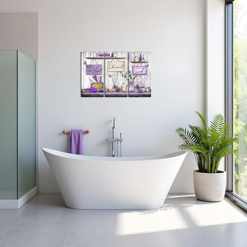 sechars Bathroom Wall Art Relax Unwind Soak Signs Canvas Prints Lavender Spa Decor, 8x16 Inches Each, Framed (Purple) - color: Purple