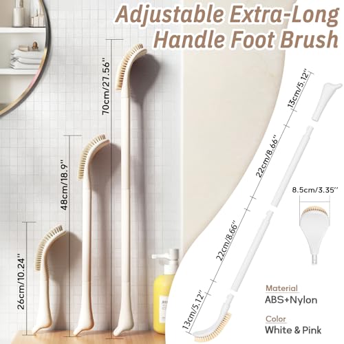 New Foot Brush with Adjustable Long Handle, 3-in-1 Foot Scrubber for Wet or Dry Brushing, 10.2’’- 27.5’’ Foot Scrub Brush for Senior, Pregnant, Disabled, or Injured, Gift-Box Packed(White) - color: White