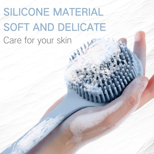 Sunnyray 2 Pack Silicone Back Scrubber for Shower with 15" Long Handle Double-Sided Bath Body Brush for Exfoliating Easy to Clean Quick Dry Deep Cleaning Lathers Well(Gray Blue) - color: Gray Blue