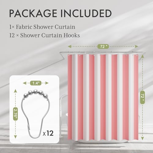 AmazerBath Pink Vertical Stripes Shower Curtain, Cute Pink Stripe Bathroom Shower Curtain with 12 Shower Curtain Hooks, Rustic Fabric Pink and White, 72x72 Inches - color: A- Pink Vertical Stripes+12 Metal Hooks, size: 72"W x 72"L (Pack of 1)