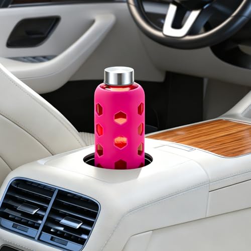 Mrsdry Glass Juice Bottles with Lids and Silicone Sleeves 18 oz, 4-Pack Reusable Clear Glass Water Bottles with Stainless Steel Airtight Cap for Juicing, Refrigerator, BPA Free Leak-Proof Drinking Jar - color: Pink