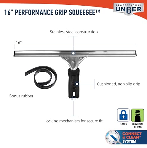 Unger Connect and Clean 16” Performance Window and Glass Cleaning Squeegee with Replacement Rubber, Cleaning Supplies, Heavy Duty Household Cleaner Tools with Streak-Free Results (Pack of 10) - size: 16 Inch (Pack of 10), style: 16” Performance Grip Squee